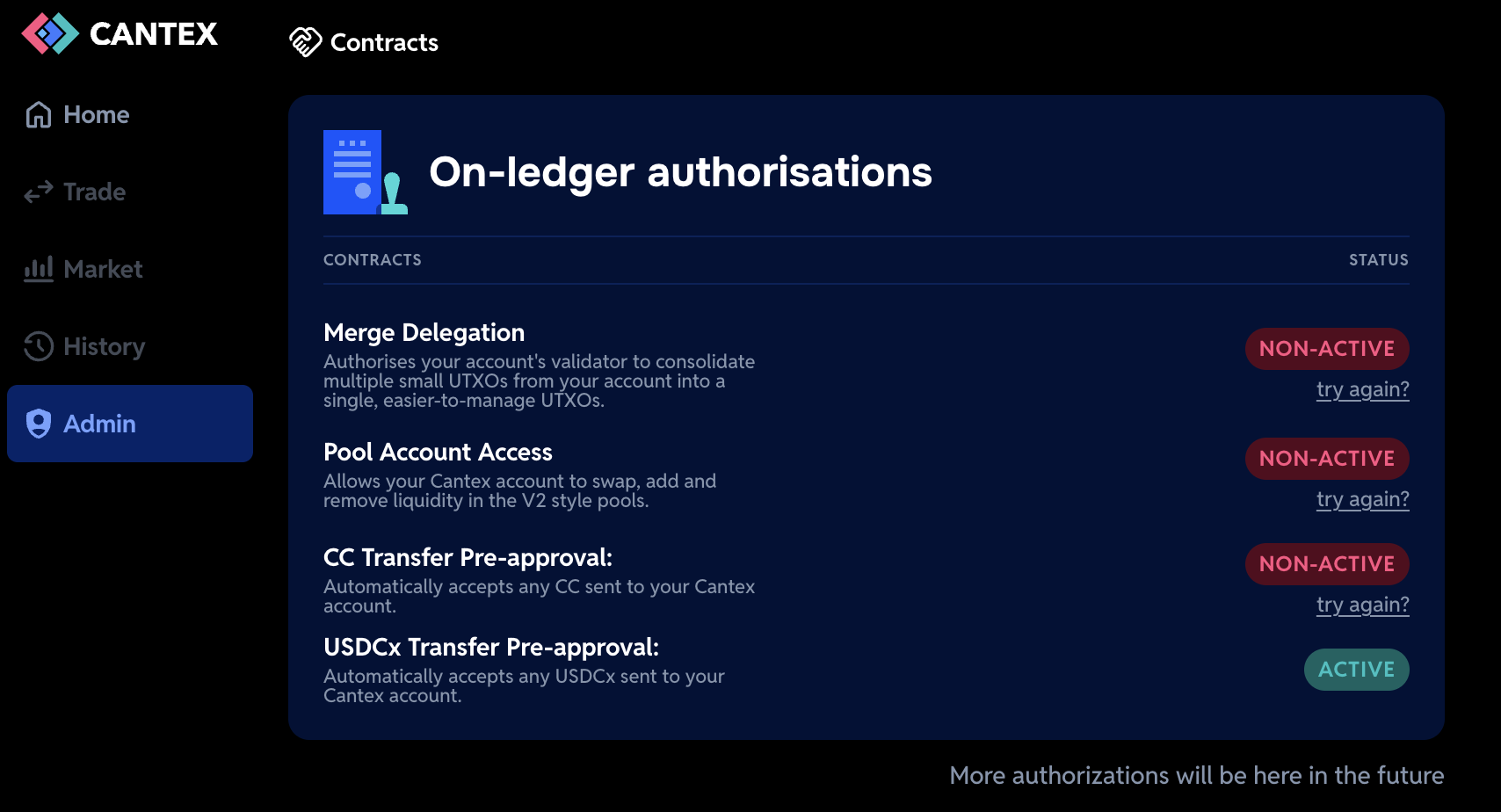 The Admin page with on-ledger actions still inactive