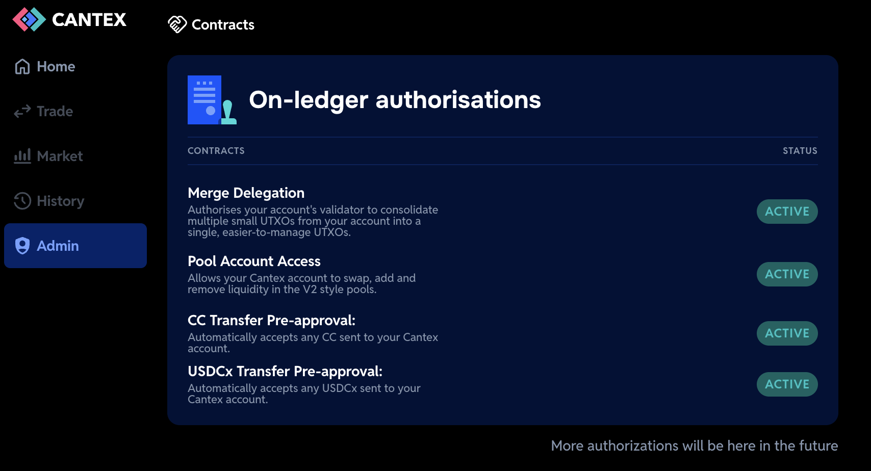 The Admin page with all three on-ledger actions authorised