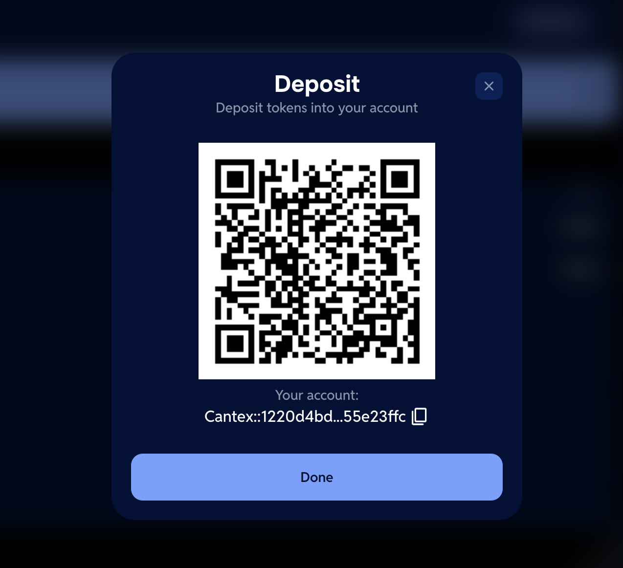 The deposit dialog showing the account party ID
