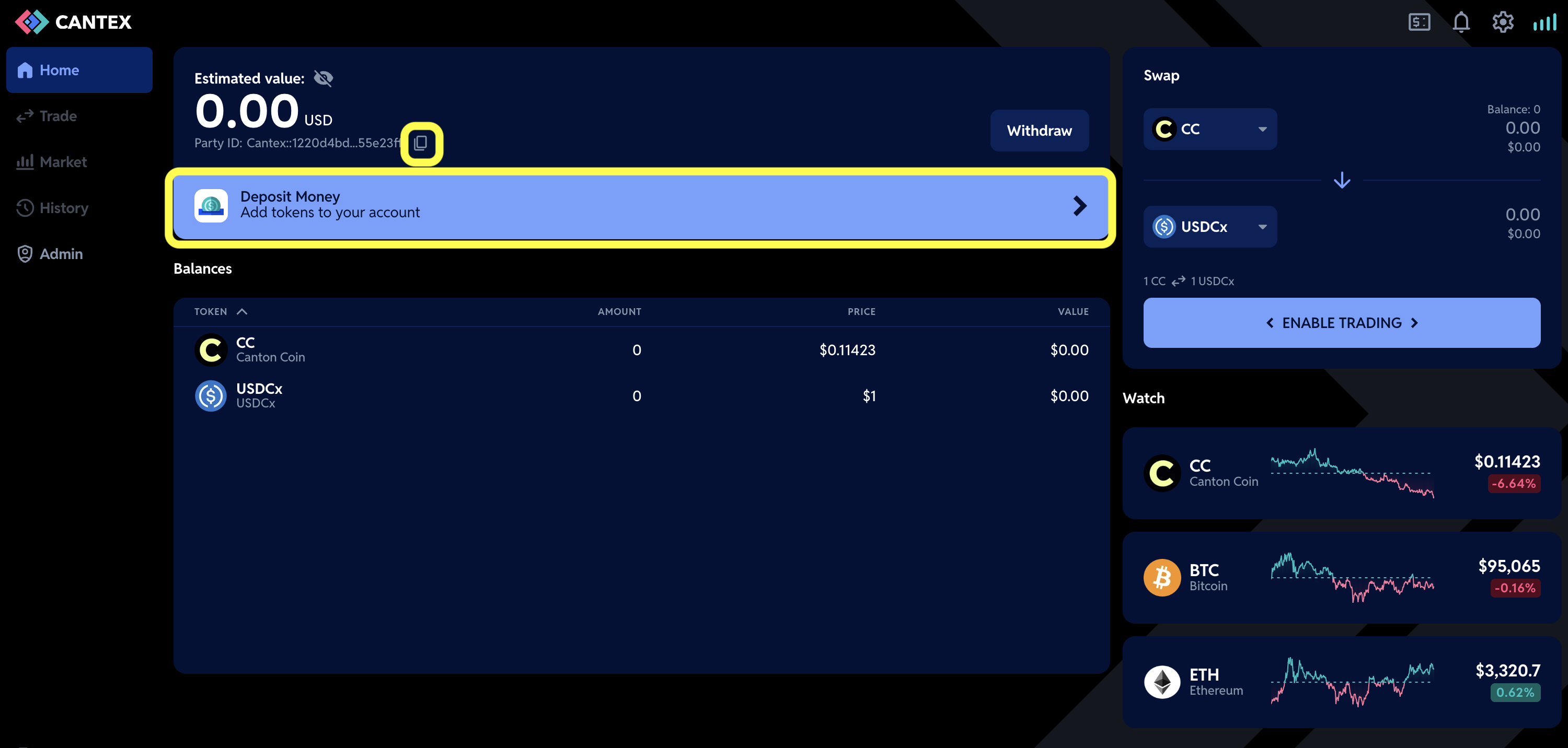 The Deposit Money link highlighted on the Home page