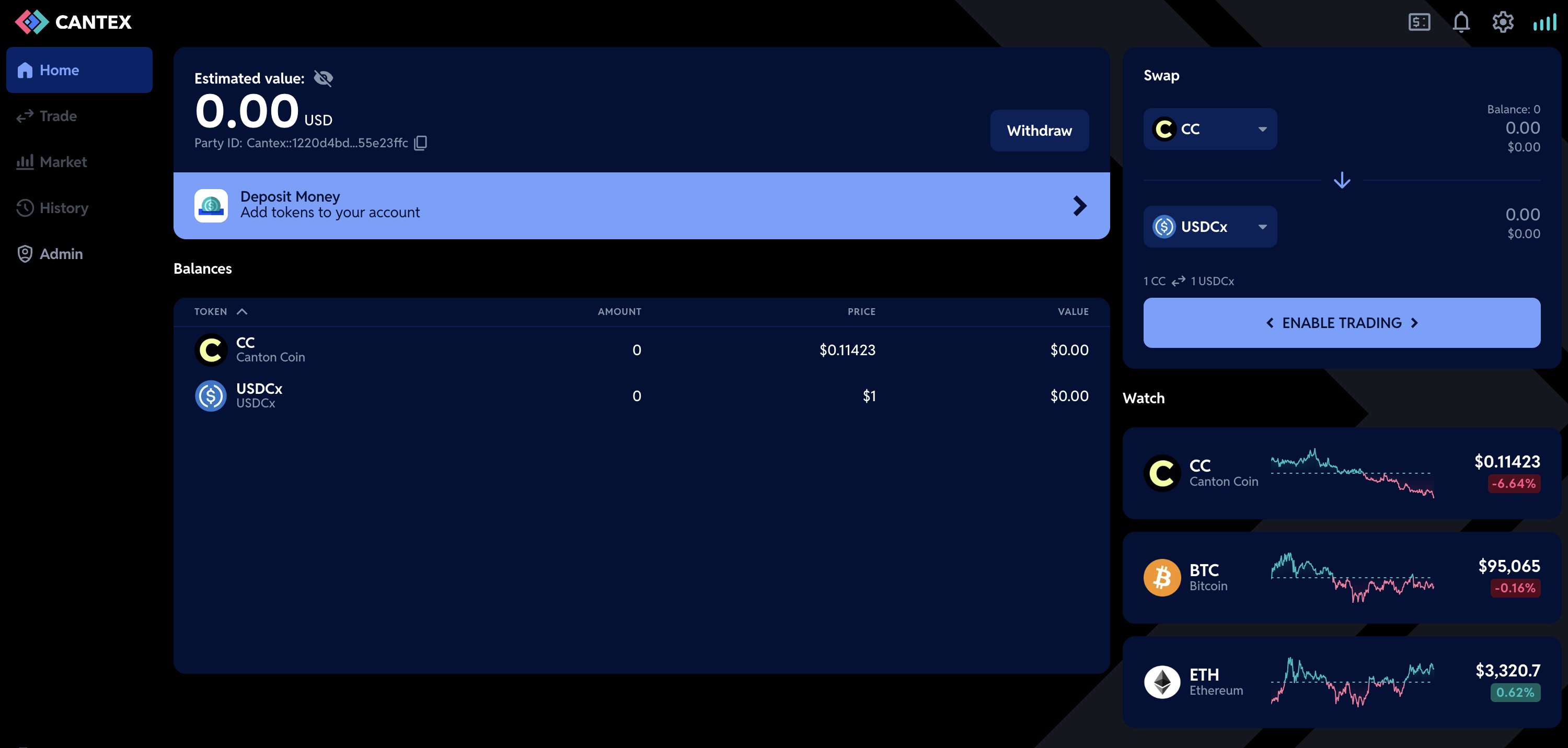 A newly created Cantex account showing wallet balances