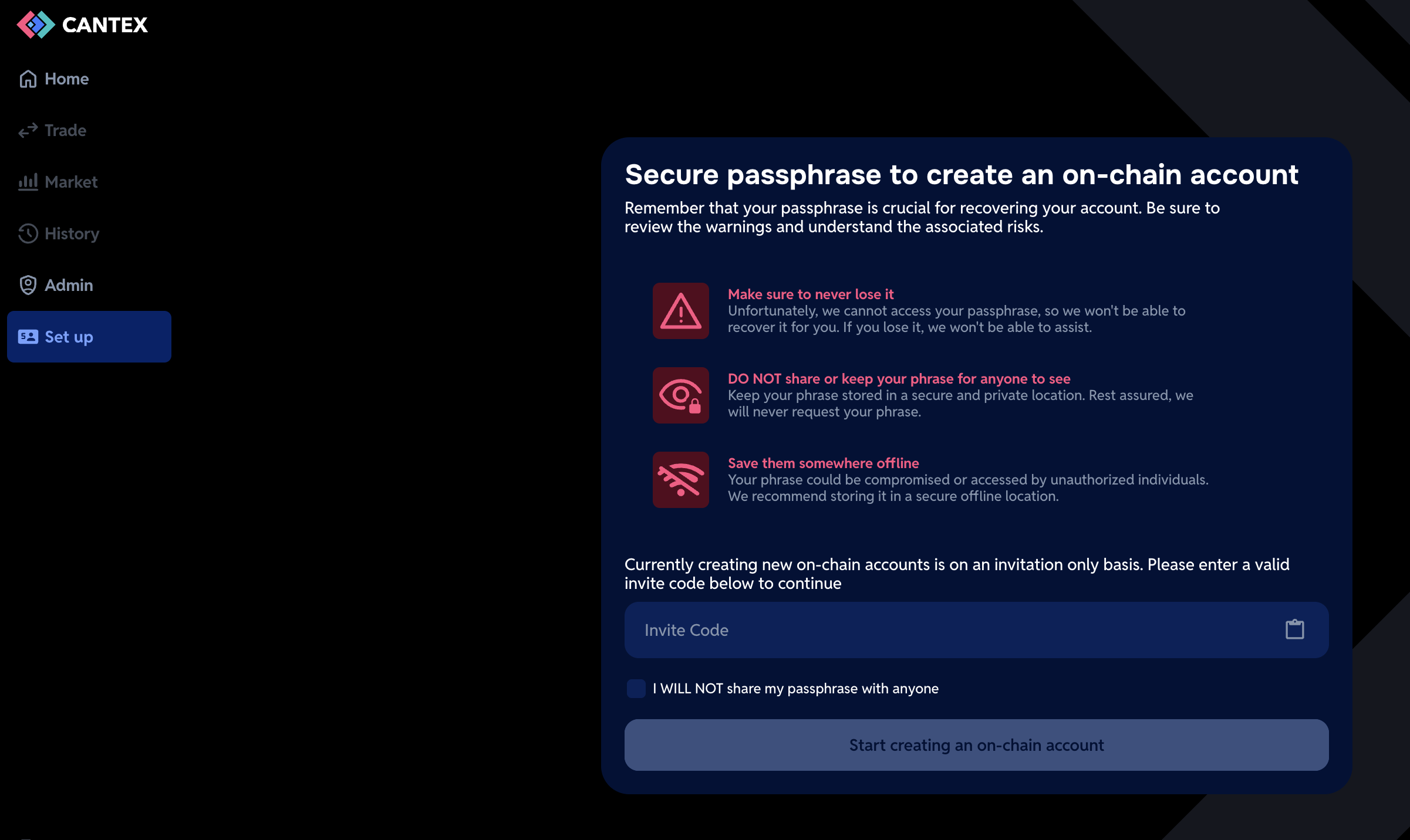 Entering an invite code to create an on-chain account