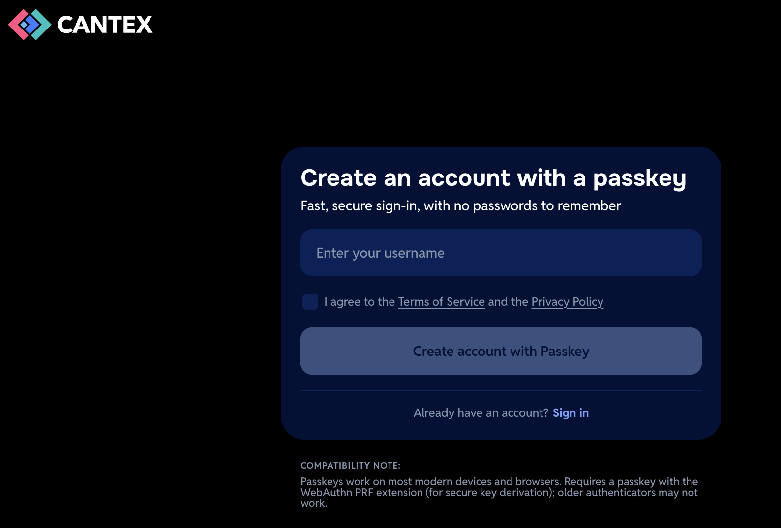 Choosing a username to create an account with a passkey