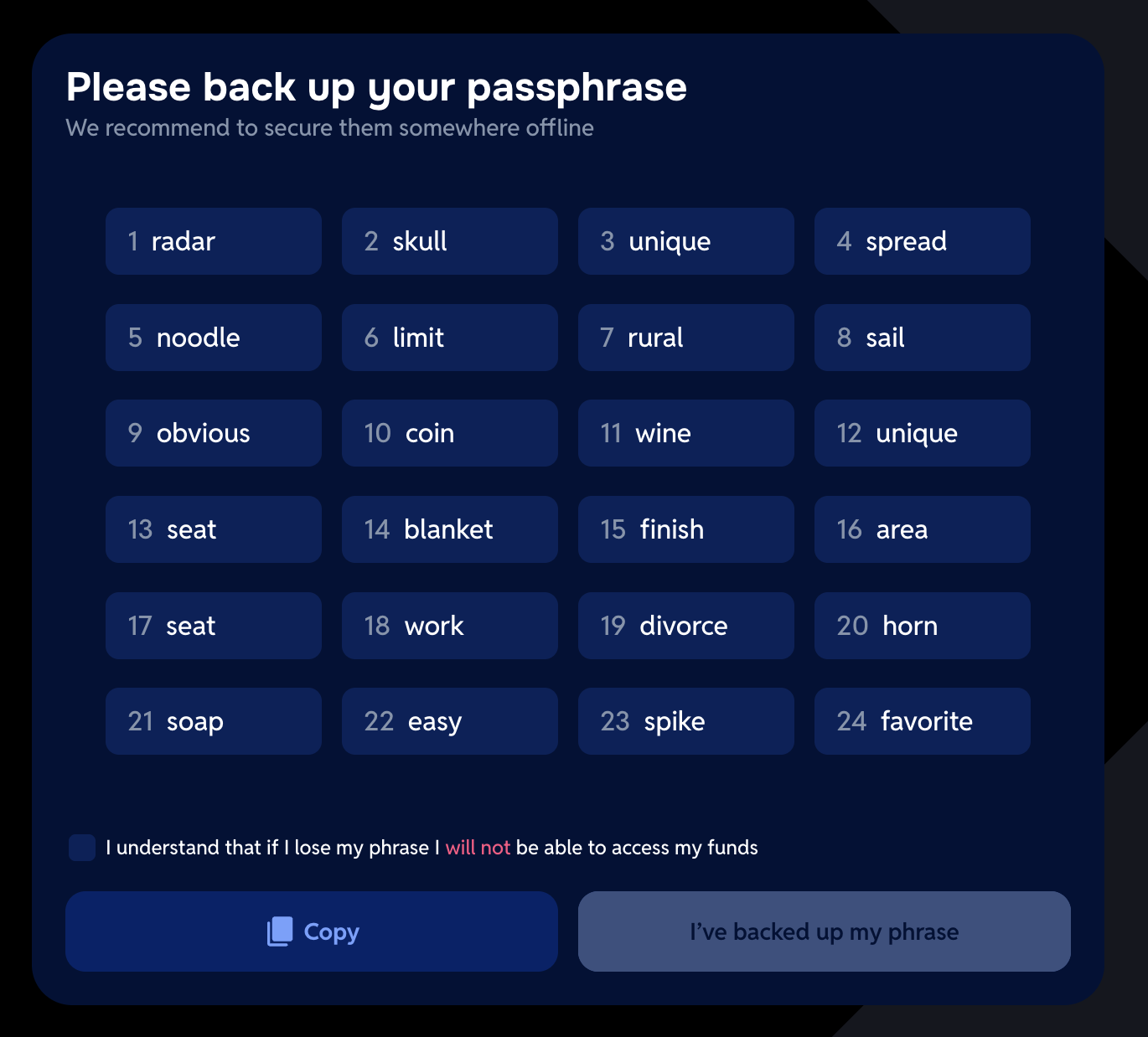 Confirming the 24 word account passphrase